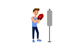 Sport and healthy lifestyle concept. Young man is boxing. Fitness exercise 2D animation. Loop. Matte Finish technique. 4K Resolution.