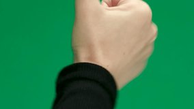 black sweater Gestures pack. Female hand touching, clicking, tapping, sliding, dragging and swiping on chroma key green screen