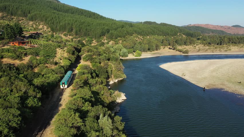 Train mooving through the forest, wineries alonong the banks of Maule river near Constitucion in Chile