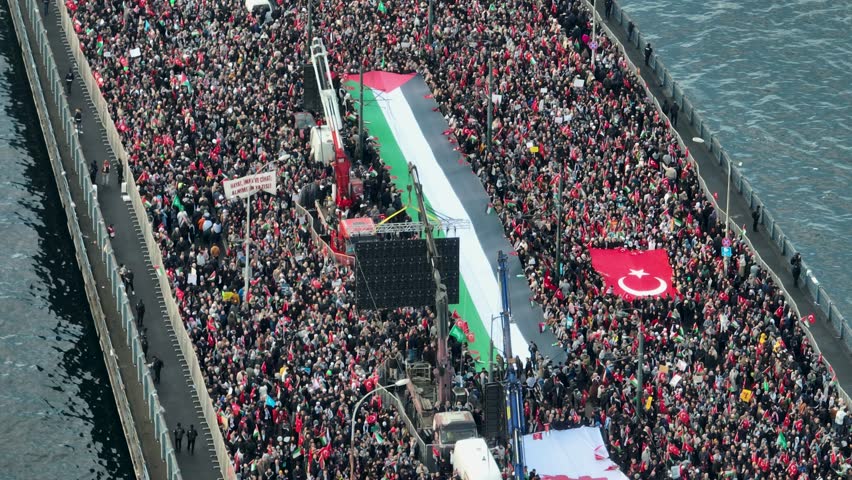 Aerial footage of support rally for Palestine and Gaza. They gathered in Istanbul to support Gaza. People gathered to help Gaza. Palestinian flag. Royalty-Free Stock Footage #3416135603