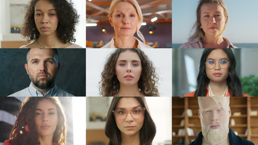 Stylish collage of relaxed confident people with strong individuality. Group of mixed race women and men looking at camera. Multi-ethnic group of people with diverse gender, age. Real people portraits Royalty-Free Stock Footage #3416157063