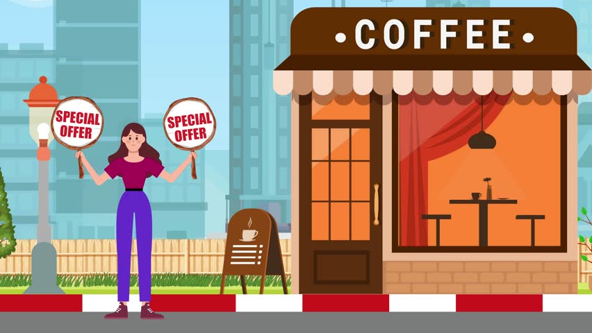 Girl Holding Special Offer Signboards And Standing On Coffee shop Background, Animation, Woman, Sign, Stand, Marketing, Business Royalty-Free Stock Footage #3416184993