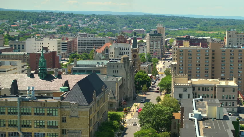 Aerial view of Scranton, old historical city in Pennsylvania. Eastern American cityscape.