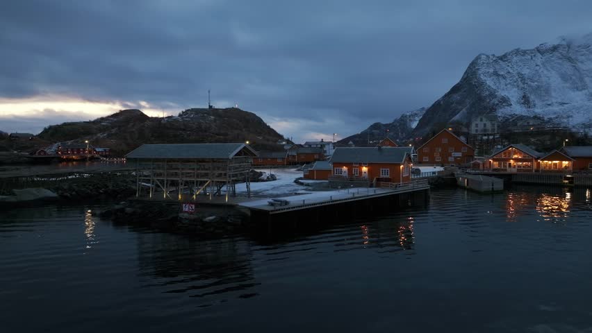 Rorbuer cabins at Nigh. blue sky, village of Hamnoy, Lofoten archipelago, Norway, Scandinavia.