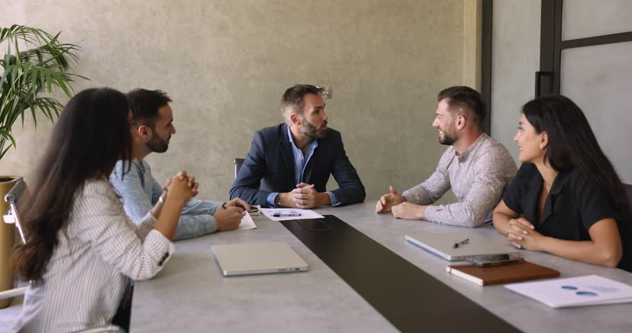 Smiling male colleagues, partners shake hands closing commercial profitable deal during formal meeting in office boardroom. Conclude partnership, sell and buy company services, successful negotiations Royalty-Free Stock Footage #3416363303