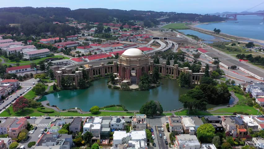 Aerial view of Palace of Fine Arts a monumental structure located in the Marina District of San Francisco, California