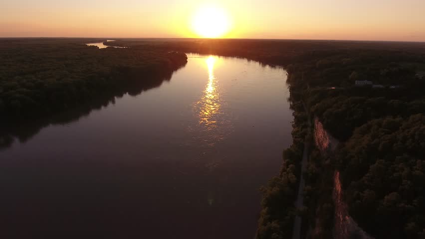 An aerial view of Missouri River at sunset near Huntsdale, Missouri