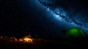 Cosy and warm atmosphere around the fire overlooking the Milky Way galaxy in the night, starry sky. 3D animation, background. - Powered by Shutterstock - Get 15% off with code: PIKWIZARD15