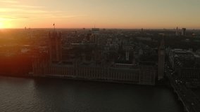 Superview superlight, Establishing Aerial View Shot of London UK, United Kingdom, golden sunset, Westminster