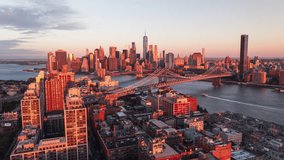 Iconic View, Gold and Red Light, Establishing Aerial View Shot of New York City NY, NYC, United States, Downtown Manhattan, One World Trade Center, Wall Street, New York Stock Exchange, Woolworth