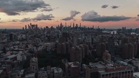 Golden Hour, Establishing Aerial View Shot of New York City NY, NYC, United States, Uptown Manhattan, Flatiron Building, Empire State Building, Rockefeller Center, Times Square, Hudson Yards