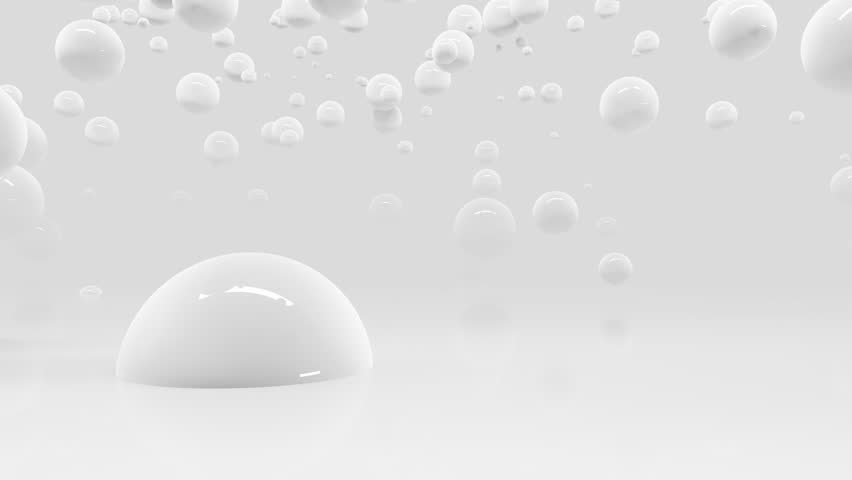 White balls fly and fall in space.