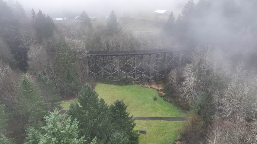 Low rain clouds drift across the Banks Vernonia trail, an old railroad bed west of Portland, Oregon. This forested area is popular amongst hikers, bikers, and campers.