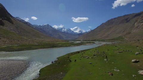 Aerial landscape above Himalayan valley with big moutains background, Suru valley, Kargil, Ladakh, Jammu and Kashmir, India.