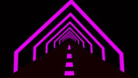 Abstract neon tunnel with pink and black stripes leading to a vanishing point animated creating a futuristic 3D effect.