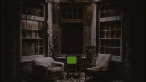 Abandoned House Vintage TV Green Screen Derelict Place Tracking Shot Television. Vintage television with green screen on a derelict abandoned house. Tracking shot - Powered by Shutterstock - Get 15% off with code: PIKWIZARD15