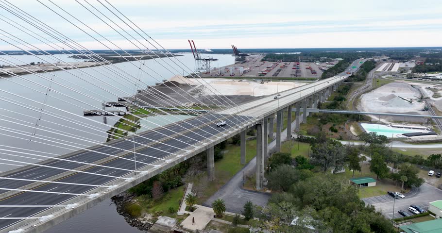 Aerial view of the Dames Point Bridge in Jacksonville, Florida.