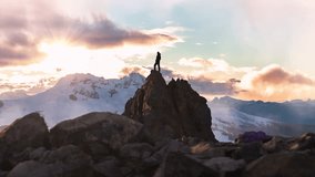 Adventure Man on top of Rocky Mountain Cliff. Aerial Canadian Mountain landscape from British Columbia in Background. 3d Rendering Peak. - Powered by Shutterstock - Get 15% off with code: PIKWIZARD15