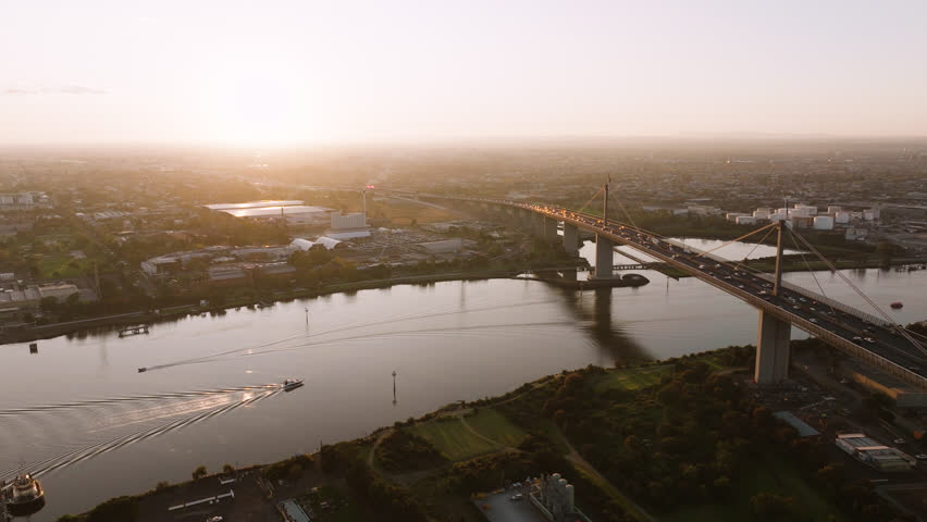 Aerial looking west over the West Gate Bridge, Melbourne, Australia.