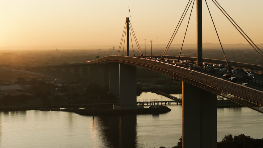 Telephoto Aerial ascending over the West Gate Bridge, Melbourne, Australia.
