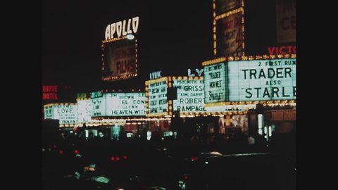 NEW YORK, 1971, 42nd Street movie marquees, Times Square at night, traffic