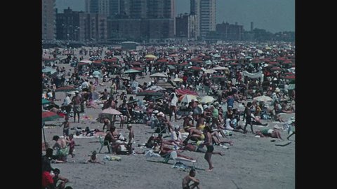 NEW YORK, 1971, Crowded beach at Coney Island, Brooklyn
