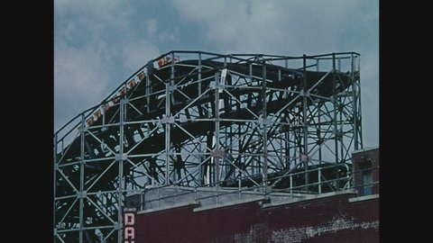 NEW YORK, 1971, The Cyclone Roller coaster close up at Coney Island, Brooklyn
