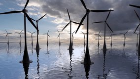 Wind turbines at sea, seascape, alternative energy sources, video loop