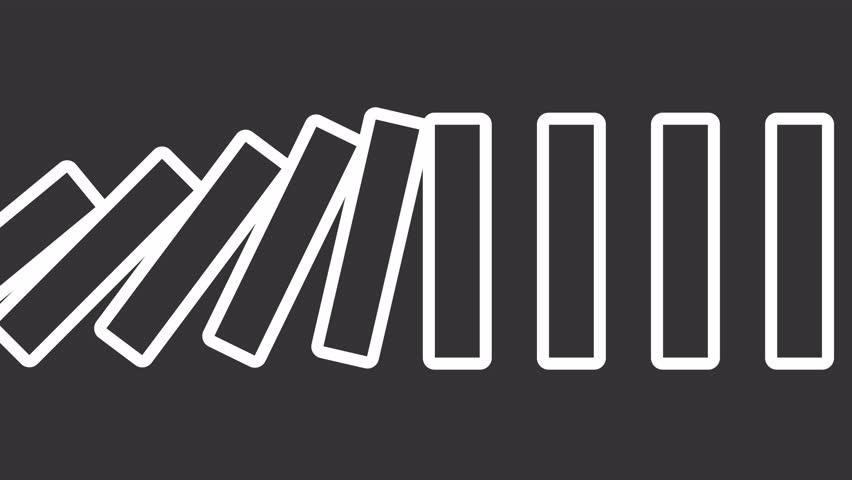 2D white simple thin line animation of endless dominoes falling icon, HD video with transparent background, seamless loop 4K video representing economic crisis.