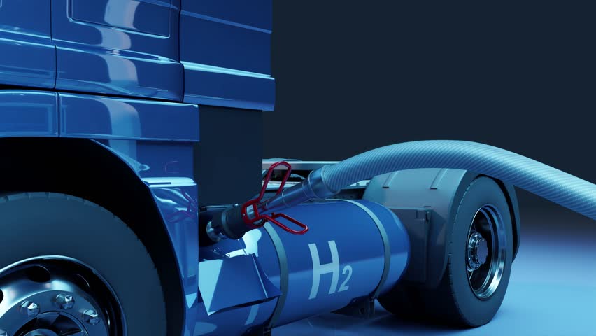 Refueling the truck with hydrogen (H2). Environmentally friendly fuel. 3d rendering.