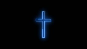 Video footage of Blue glowing Christian cross neon icon. Looped Neon Lines abstract on black background. Futuristic laser background. Seamless loop. 4k video