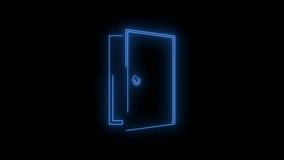 Video footage of Blue glowing Door flat neon icon. Looped Neon Lines abstract on black background. Futuristic laser background. Seamless loop. 4k video