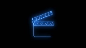 Video footage of Blue glowing Film maker clapper board neon icon. Looped Neon Lines abstract on black background. Futuristic laser background. Seamless loop. 4k video