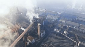 Aerial drone footage of iron and steel production factory, epic sinematic view