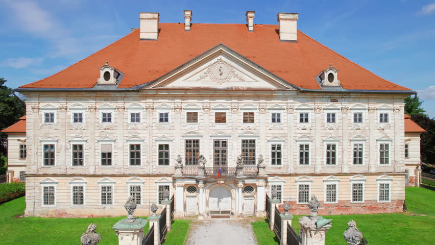 Historic Dornava Mansion in Ptuj, Slovenia. Aerial view. One of the most important monuments of baroque architecture in Slovenia.