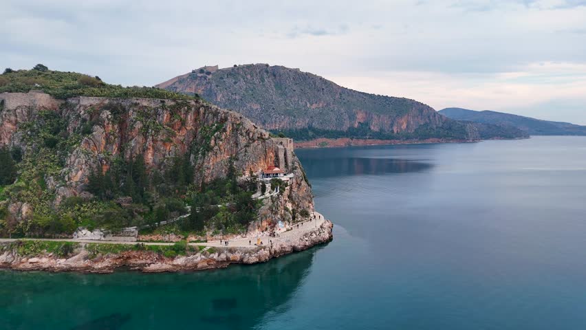 Aerial View Over Arvanitia Walking Area, With The Historic Fortress of Palamidi In The Background, Peloponnese Region, Greece