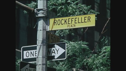 NEW YORK, 1971, Close up of Rockefeller Plaza sign at 50th Street, Rockefeller Center