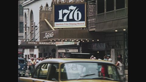 NEW YORK, 1971, Times Square, Theater district, "1776" at the Majestic Theater, marquee, crowds and traffic