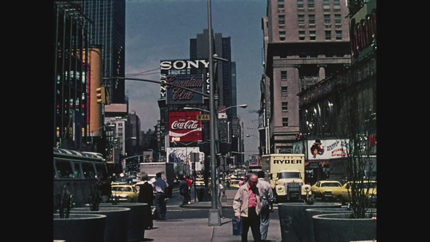 NEW YORK, 1971, Times Square, classic shot, crowds of people, buses, cars, taxis, looking north