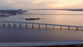 Aerial backward view of Fort Myers Bridge over the ocean in Florida, USA