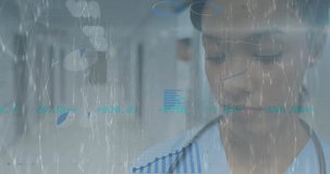 Animation of financial data processing andconnections over biracial female doctor in hospital. Global medicine, healthcare, technology and digital interface concept digitally generated video.