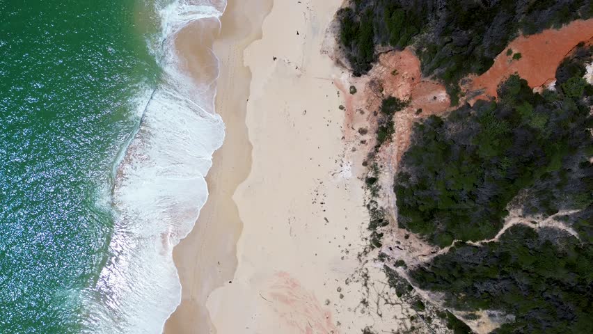 Drone aerial bird's-eye landscape sandy beach ocean rock formation walking track travel tourism Beowa National Park Pinnacles Eden NSW Australia Royalty-Free Stock Footage #3417209277