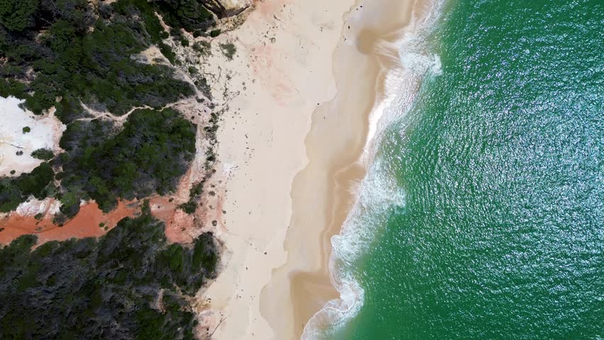 Drone aerial bird's-eye view of sandy beach landscape Pinnacles Beowa National park rock formation bush shoreline travel tourism Eden Broadwater Australia Royalty-Free Stock Footage #3417209307