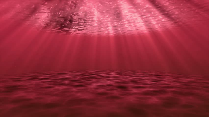 Underwater ocean sandy seafloor 3D animation motion graphics reflection sun rays on sandbar visual effect background red