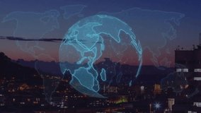 Animation of world map with data processing and globe over cityscape. Global business, finances and digital interface concept digitally generated video. - Powered by Shutterstock - Get 15% off with code: PIKWIZARD15