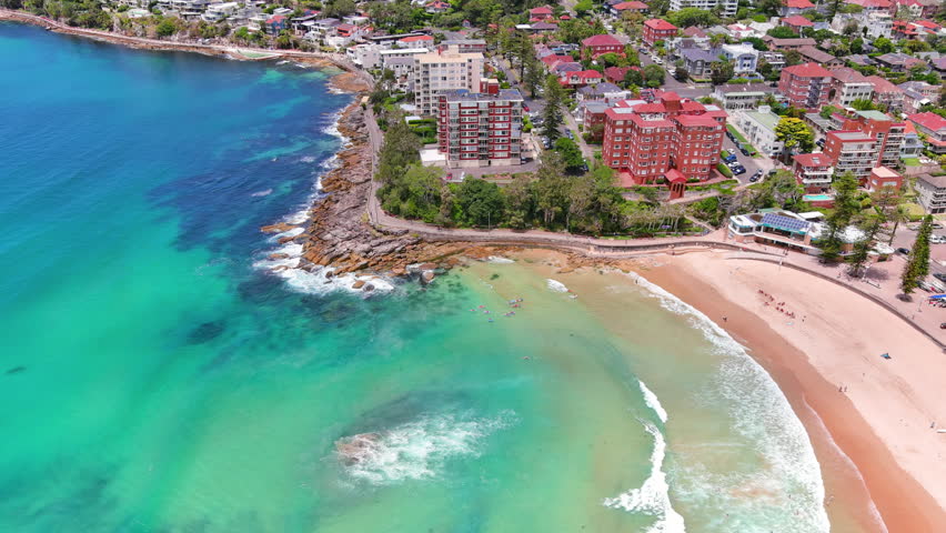 Sydney, Australia: Aerial view of iconic Manly Beach, famous surf beach in capital city of Australian state of New South Wales and most populous city in Australia