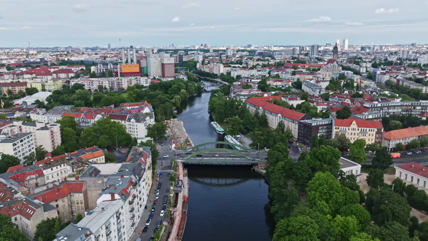 Aerial drone view of Spree river in Charlottenburg district , Berlin , Germany
