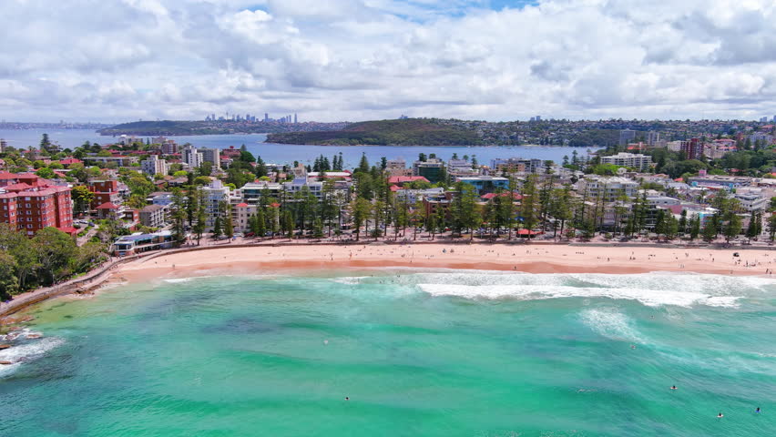 Sydney, Australia: Aerial view of iconic Manly Beach, famous surf beach in capital city of Australian state of New South Wales and most populous city in Australia