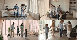 Different families having fun, spend carefree weekend at modern home, listening favourite song, moving, dancing to music feel overjoyed enjoy active leisure together in cozy living room, collage view