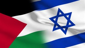 4K waving animation of Palestine and Israel Combined Flag. Palestine and Israel Conflict Tension,  Politic Conflict, Unity, Peace and Military War Concept